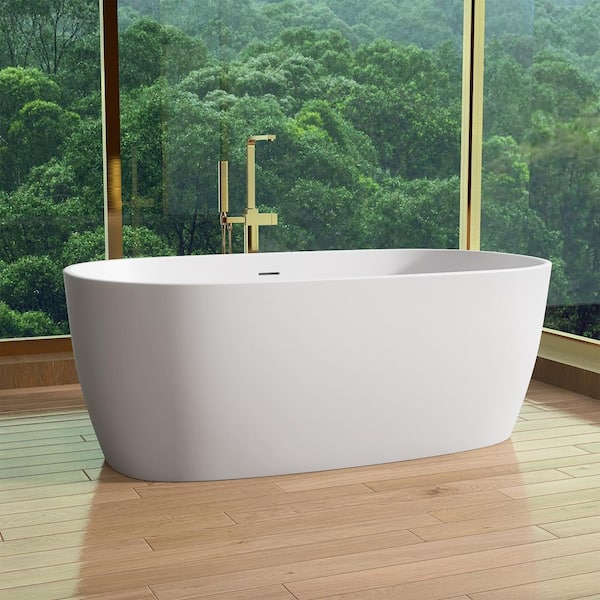 63 in. x 33 in. Solid Surface Soaking Bathtub with Center Drain Free Standing Flat Bottom Artificial Stone Tub in White