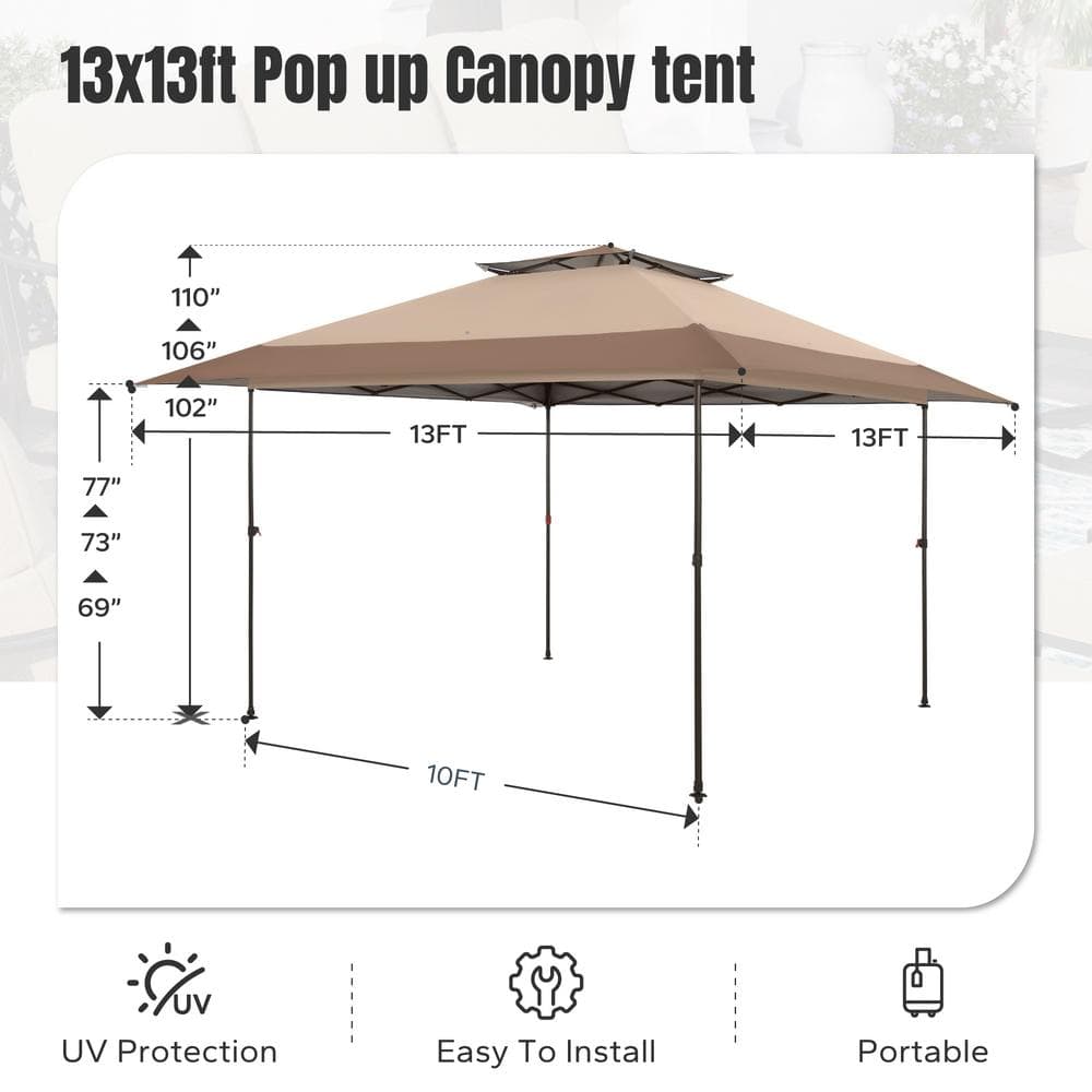 Brown 13x13 Ft Adjustable Height Pop-Up Canopy Tent with Carrying Bag