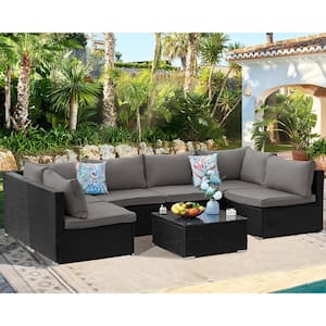 7-Piece PE Rattan Wicker Outdoor Sectional Patio Furniture Conversation Set with Black Gray Cushions and 2-Pillow