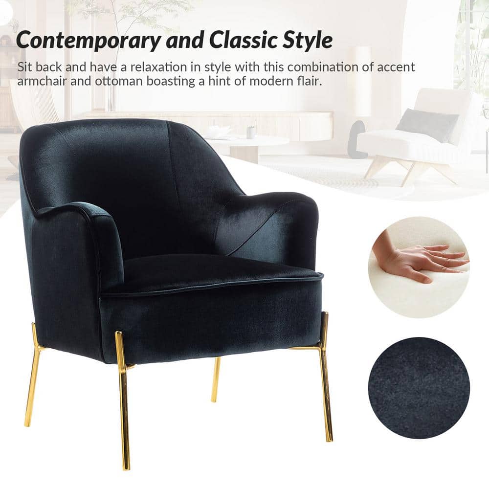 Elegant Black Velvet Curved Backrest Accent Chair with Golden Metal Legs