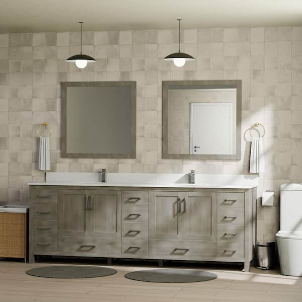 Lexora Jacques 84 in. W x 22 in. D Distressed Grey Double Bath Vanity, White Quartz Top, Faucet Set, and 34 in. Mirrors