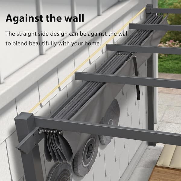 9.5 ft. W x 13 ft. D Modern Gray Aluminum Against The Wall Design Pergola with Gray Adjustable Sunshade Canopy for Deck