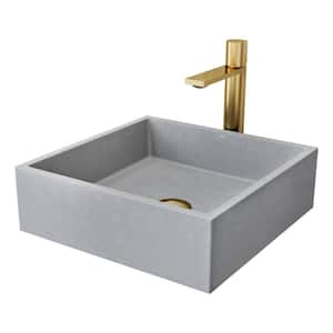 Alhambra Gray Concreto Stone Square Bathroom Vessel Sink with Gotham Faucet and Pop-Up Drain in Matte Brushed Gold