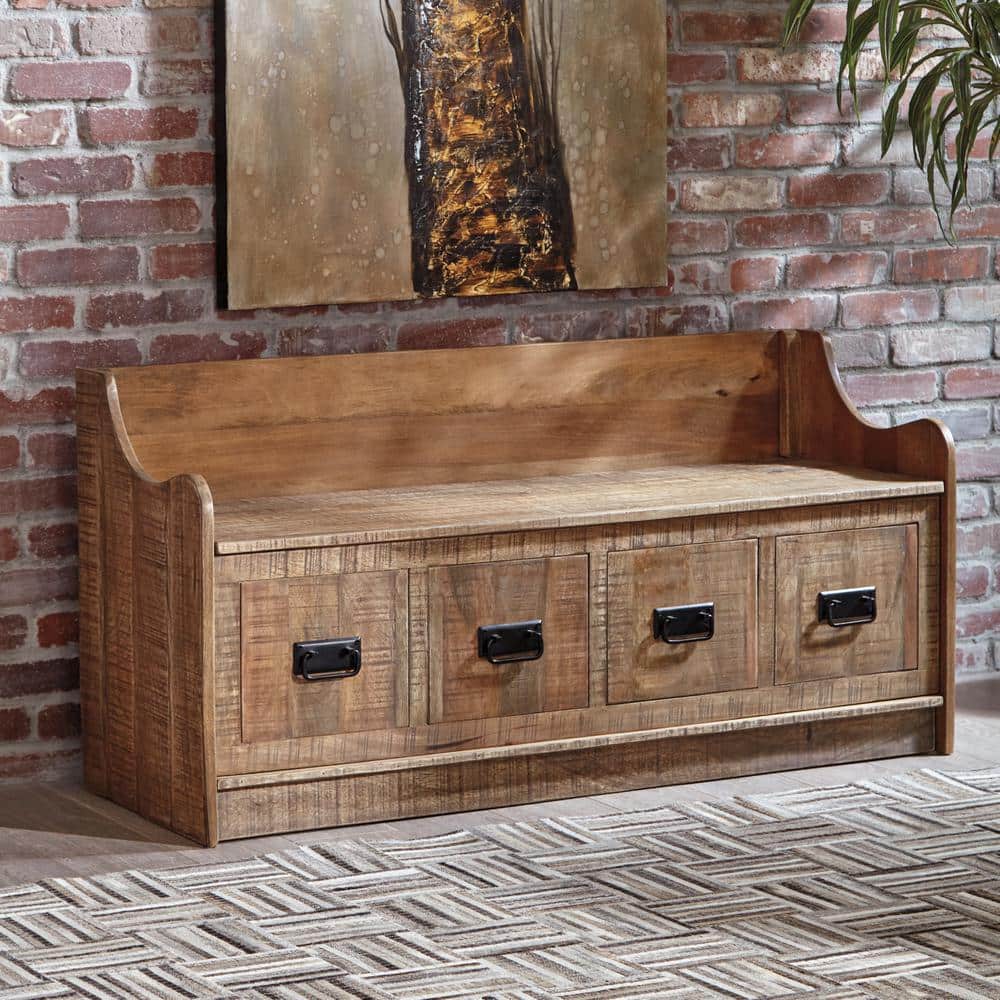 Garrettville Light Brown Solid Wood Storage Bench with Faux Drawers