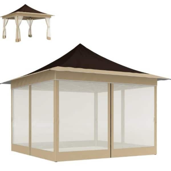 11.7 x 11.7 x 10.2 ft. Brown Height Adjustable Canopy Tent with Silver Oxford Mesh, 4-Person Garden Patio Use