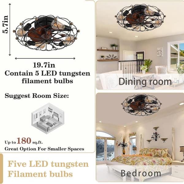 Black 19.7 in. indoor Caged Ceiling Fans with Lights and Remote, Flush Mount Bladeless Ceiling Fan Low Profile