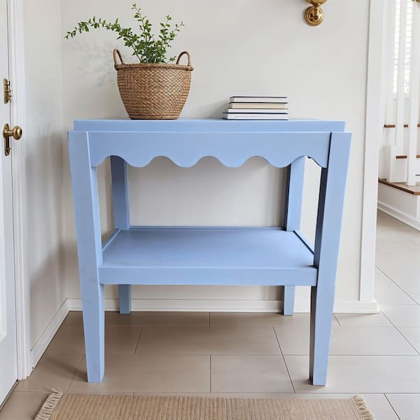 Scallop Edge 28 in. Blue Rectangle Wood Top End Table with Shelf