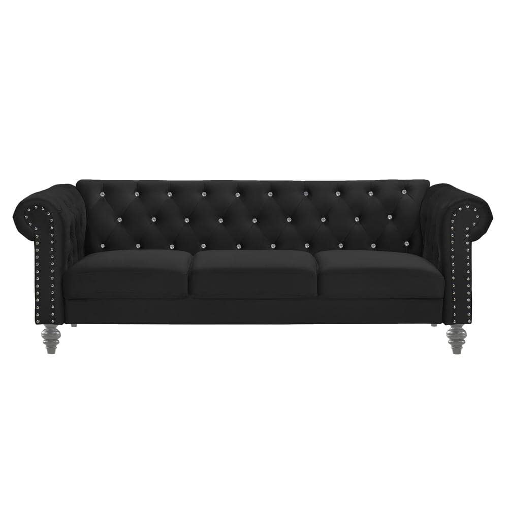 Emma Crystal 81'' Black Velvet Chesterfield Sofa with Nailhead Trim