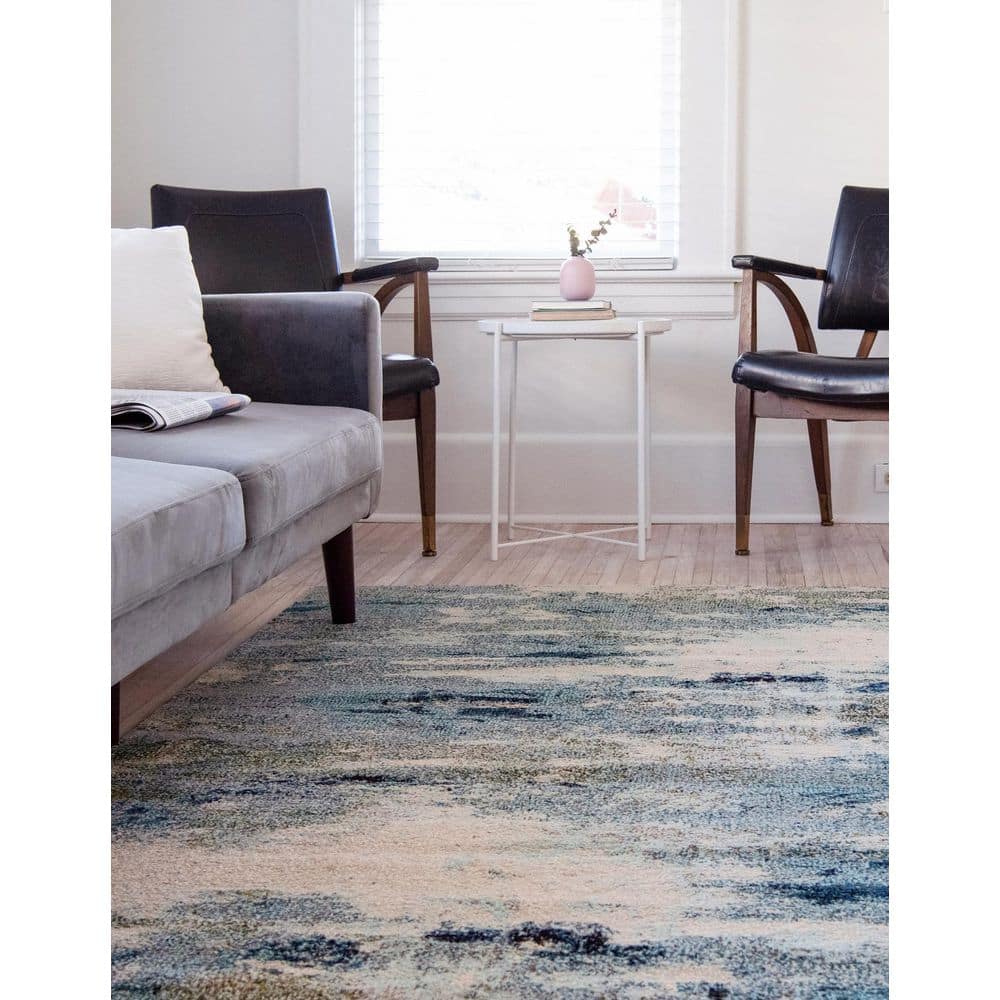 Luminous Light Blue Abstract Synthetic Indoor Rug, 10' 6" x 16' 5"