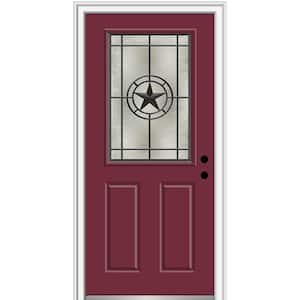 Elegant Star 32 in. x 80 in. Left-Hand/Inswing 1/2 Lite Decorative Glass Burgundy Painted Fiberglass Prehung Front Door