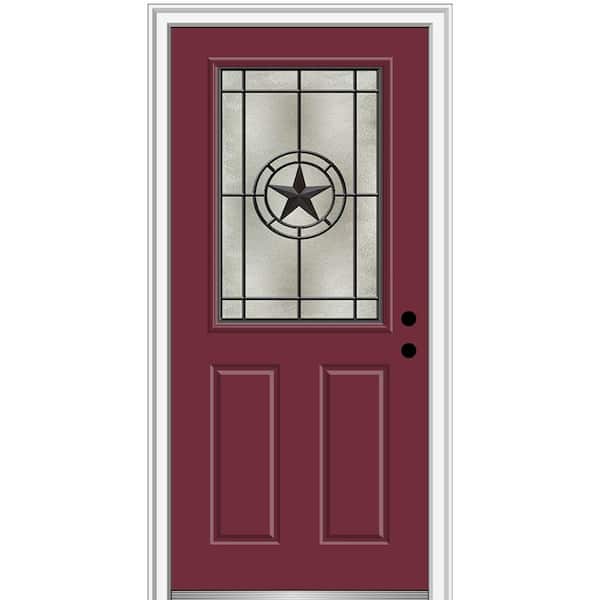 MMI Door Elegant Star 32 in. x 80 in. Left-Hand/Inswing 1/2 Lite Decorative Glass Burgundy Painted Fiberglass Prehung Front Door