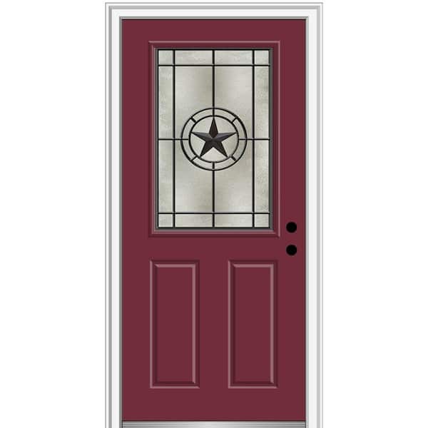 MMI Door Elegant Star 32 in. x 80 in. Left-Hand/Inswing 1/2 Lite Decorative Glass Burgundy Painted Fiberglass Prehung Front Door