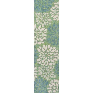 Zinnia Modern Floral Textured Weave Cream/Green 2 ft. x 10 ft. Indoor/Outdoor Area Rug