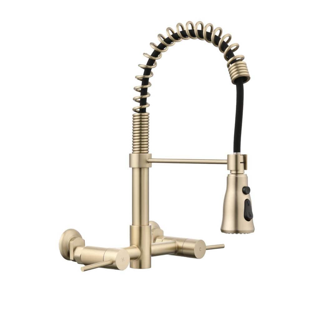 Flynama 3 Functions Wall Mounted Pull Down Kitchen Faucet in Gold