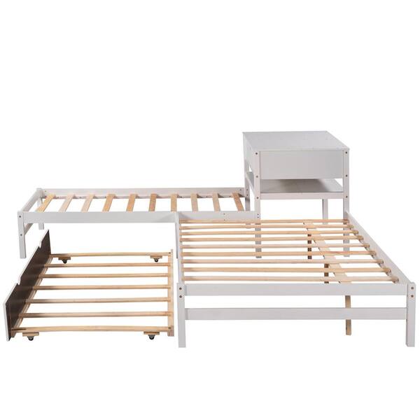 Z-joyee 108.70 in. W White Full Wood Frame L-Shaped Trundle Included Platform Bed