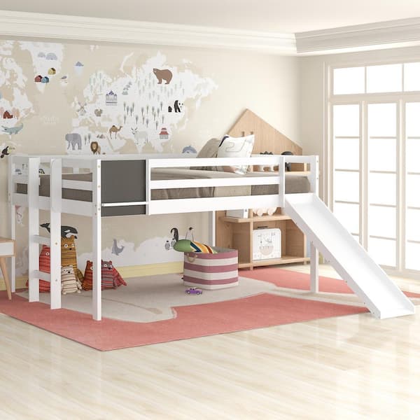 Qualler White Full size Loft Bed with Slide and Chalkboard