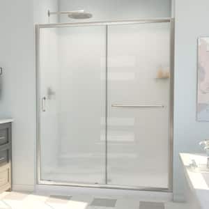 30 in. L x 60 in. W x 78-3/4 in H Sliding Shower Door Base and White Shower Wall Kit in Brushed Nickel and Frosted Glass