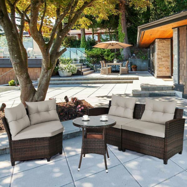 Kadehome 4-Piece Outdoor Rattan Metal Patio Conversation Set with Cushion in Brown
