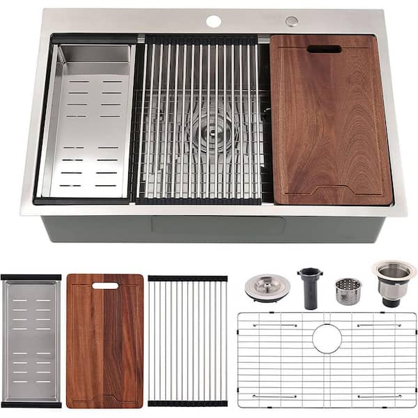 33 in. Handmade Drop-in Single Bowl 16 Gauge Stainless Steel Workstation Kitchen Sink with Accessories