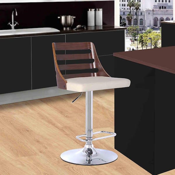 Armen Living Storm Bar Stool in Chrome with Walnut wood and Cream Pu upholstery