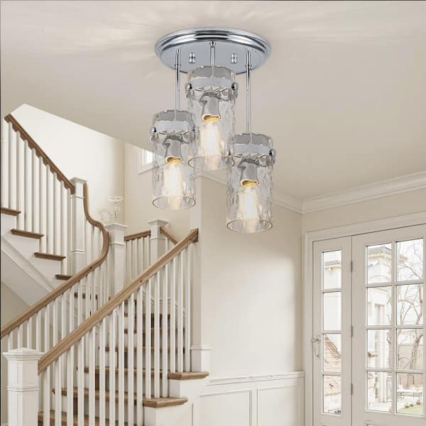 Essel 9.84 in. 3-Light Chrome Modern Semi-Flush Mount With Hammered Glass Shade and No Bulbs Included