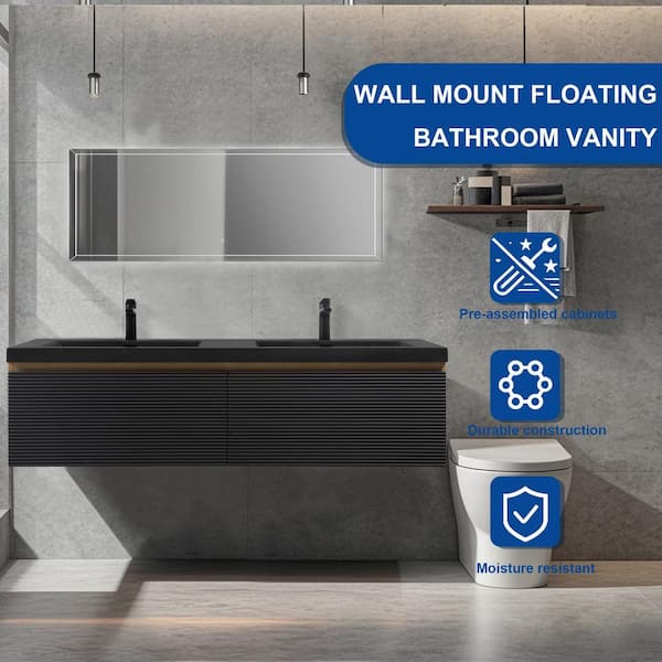 60 in. Wall-Mounted Floating Bath Vanity with Double Black Quartz Sink Top in Natural Oak and Black Assembled