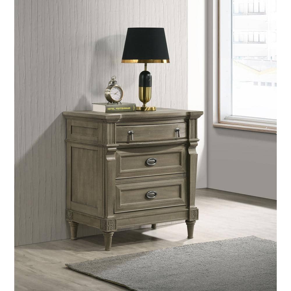 Transitional French Grey 3-Drawer Nightstand with USB Ports