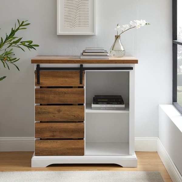 32 in. Solid White/Rustic Oak Rustic Farmhouse Sliding Slat Door Accent Console