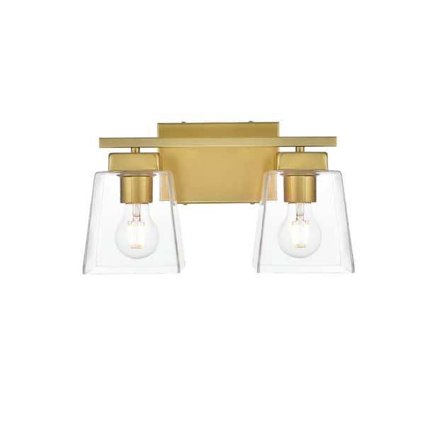 Unbranded Simply Living 14 in. 2-Light Modern Brass Vanity Light with Clear Bell Shade