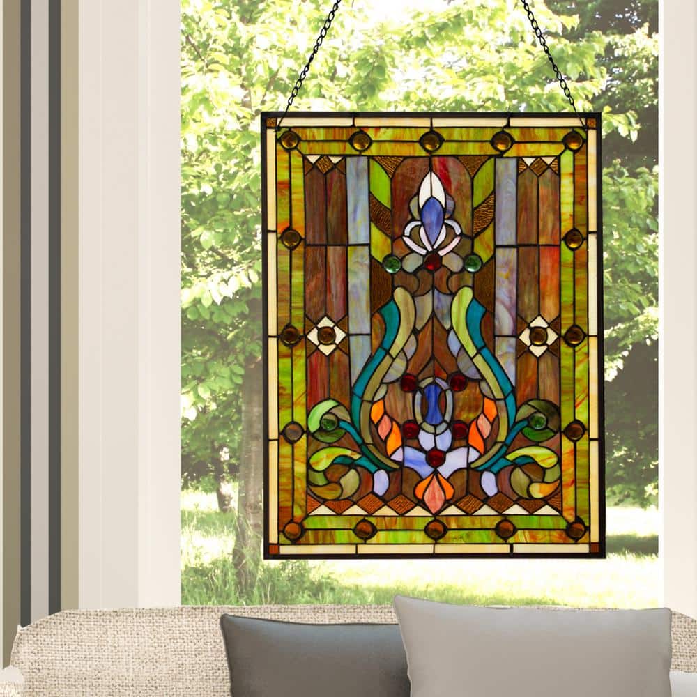 Multicolor Stained Glass Fleur de Lis Window Panel with Chain