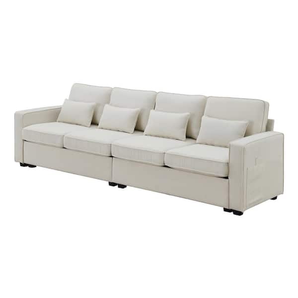 Unbranded 104 in. Straight Arm Fabric Rectangle 4-Seater Sofa Upholstered Sofa Couch in. Beige with Pockets and 4 Pillows