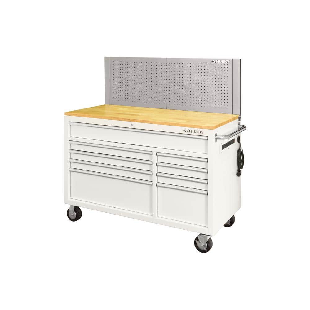 Husky 52 in. W x 24.5 in. D 9-Drawer Standard Duty Mobile Workbench Tool Chest with Solid Work Top and Pegboard in Gloss White, Gloss White with Silver Trim -  HOTC5209BJ2M