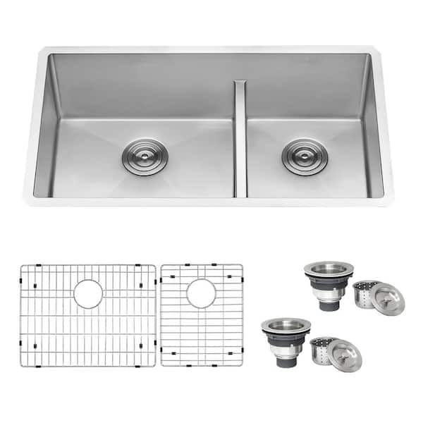 Urbana 33 in. Undermount 60/40 Double Bowl 16 Gauge Rounded Corners Stainless Steel Kitchen Sink with Low-Divide