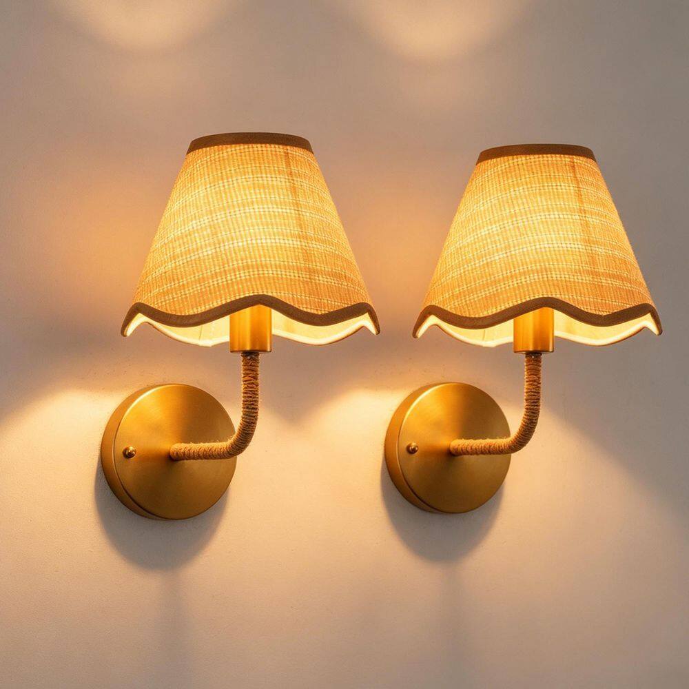 7.9 in. 1-Light Polished Brass Rattan Woven Shade Paper Rope Cover Indoor Wall Sconce 2-Pack Traditional E26 Wall Light price history on PriceWatchPro
