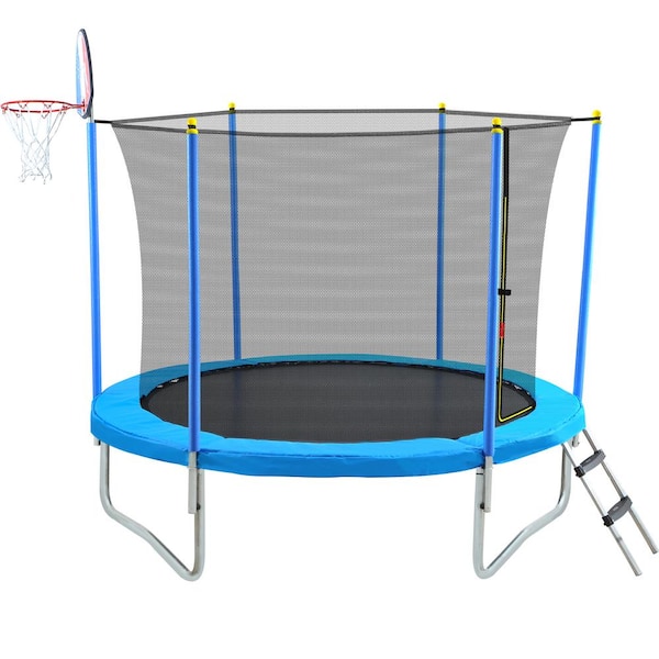 Flynama 8 ft. Outdoor Round Steel Trampoline in Blue for Kids with Safety Enclosure Net Hoop and Ladder FLSW000046AACQ - The Home Depot