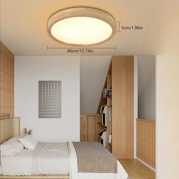 OUKANING 15.74 in. Log Color Wood Dimmable Flush Mount LED Ceiling
