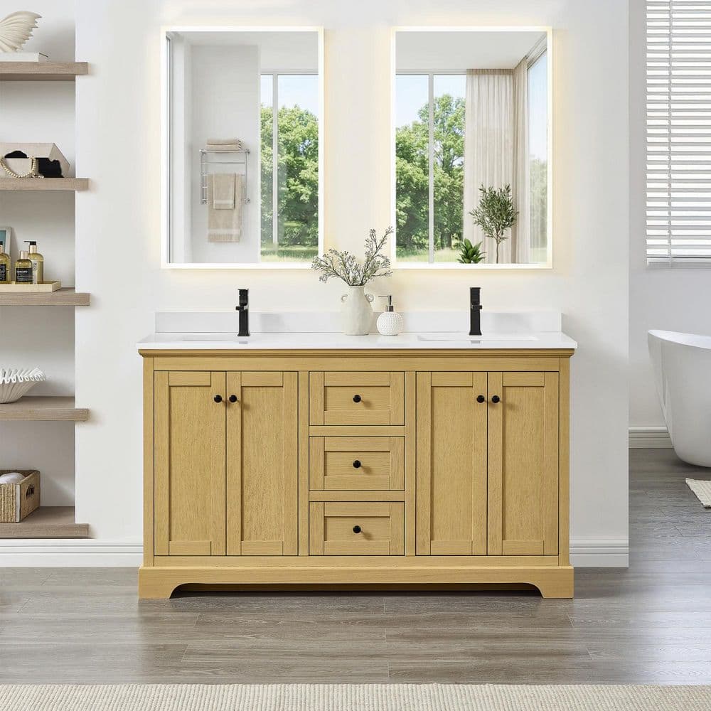 Avery 60 in. Double Freestanding Honey Oak Bath Vanity with White Quartz Top price history on PriceWatchPro