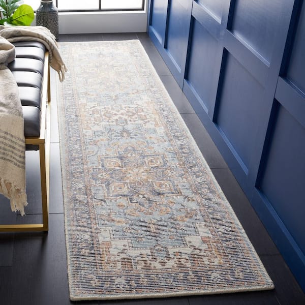 Restoration Vintage 2 ft. x 9 ft. Ivory/Light Blue Ornate Border Runner Rug