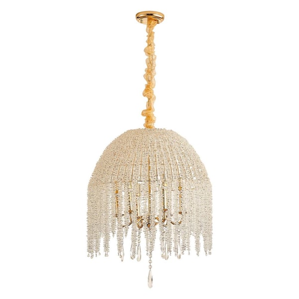 20 in. 6-Light Gold Crystal Pendant Light Chandelier with Cascading Crystal-Beaded Strings Shade