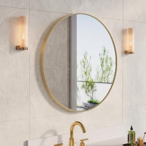 BELLA 28 in. W x 28 in. H Round Aluminum Framed Wall-Mounted Bathroom Vanity Mirror in Brushed Gold