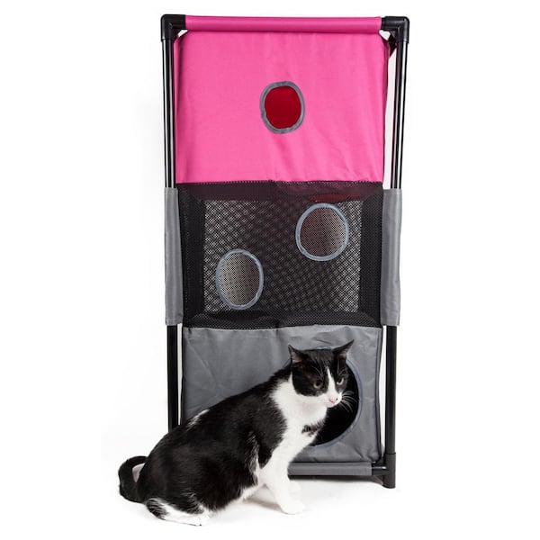 PET LIFE Pink and Grey Kitty-Square Obstacle Soft Folding Sturdy Play-Active Travel Collapsible Travel Pet Cat House Furniture