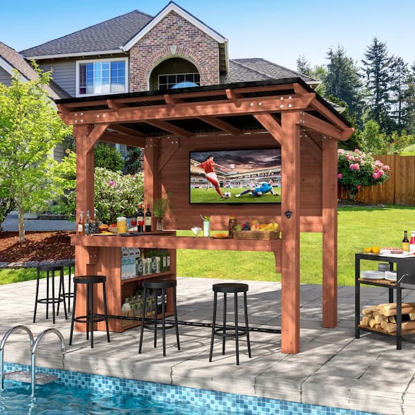 8.5 ft. x 6 ft. Cedar Outdoor Gazebo Pergola Bar with Double-Sides Metal Sloped Roof and Ample Storage Cabinet