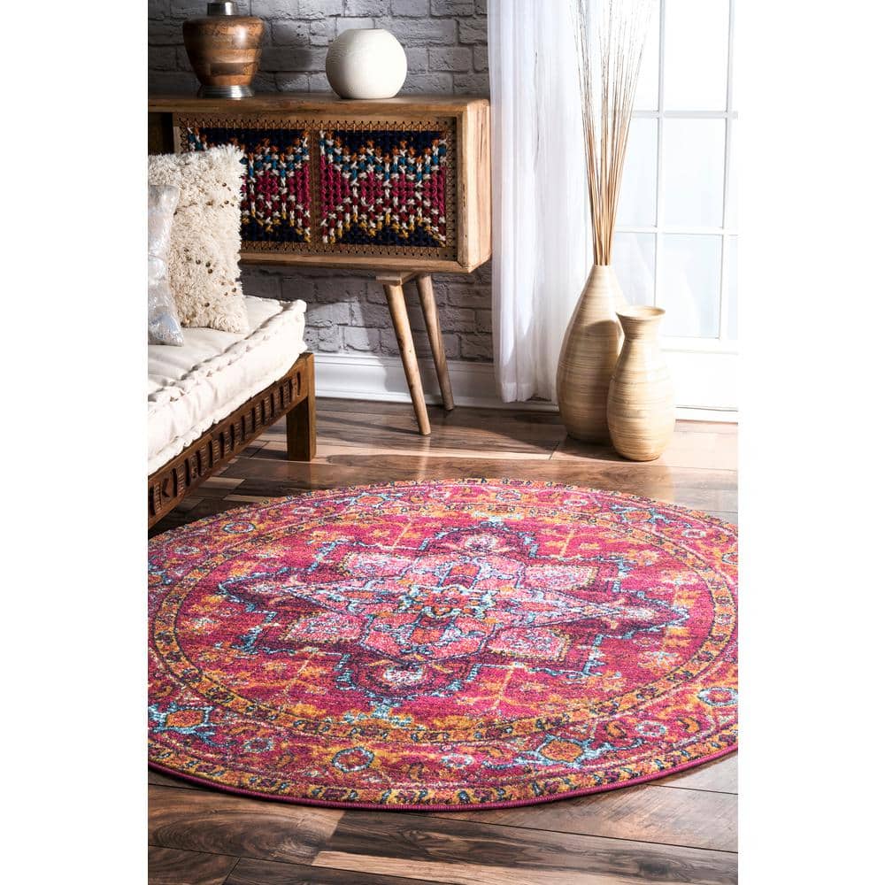 Vonda Pink and Orange Synthetic Round Area Rug, 5' Diameter