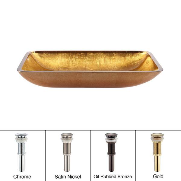 KRAUS Golden Pearl Rectangular Glass Vessel Sink in Gold with Pop-Up Drain in Satin Nickel