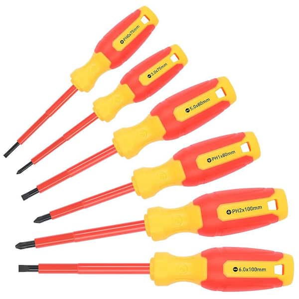 1000V Series 5in. Shank 6 Bit Red Insulated Screwdriver Set Professional Electrician Hand Tool 6-Piece