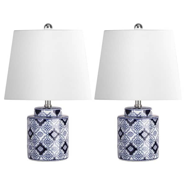 18.9 in. Blue Ceramic Table Lamps Set of 2, Porcelain Style Ginger Jar Lamps w/9W LED Bulb for Living Room Bedroom Study