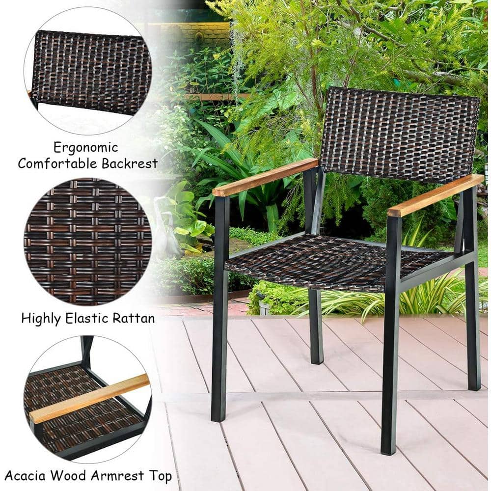 Acacia Wood and Black Metal 6-Person Outdoor Dining Set with Rattan Chairs