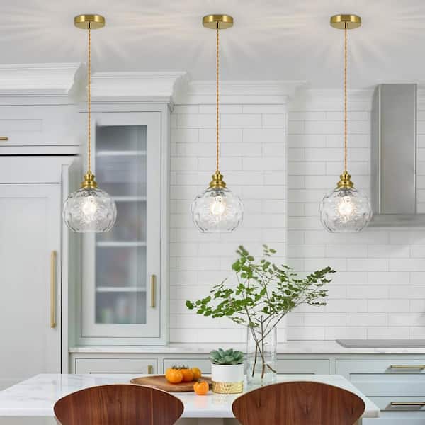 Jasslynn 1-Light Gold Modern Globe Pendant Light with Hammered Glass Shade for Kitchen Island Dining Room Entryway