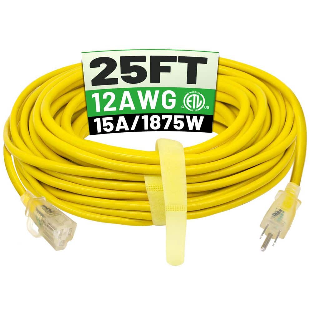 25 ft. 12/3 Outdoor Extension Cord Heavy Duty with Lighted Indicator End, 12-Gauge 3 Prong, 15 Amp 1875-Watt SJTW Yellow price history on PriceWatchPro