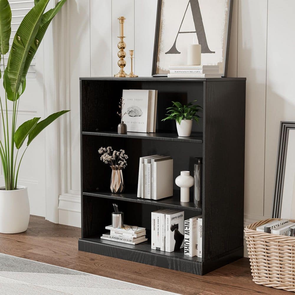36 in. Tall Black Wood Grain Wood 2-Shelf Open Bookcase with Storage